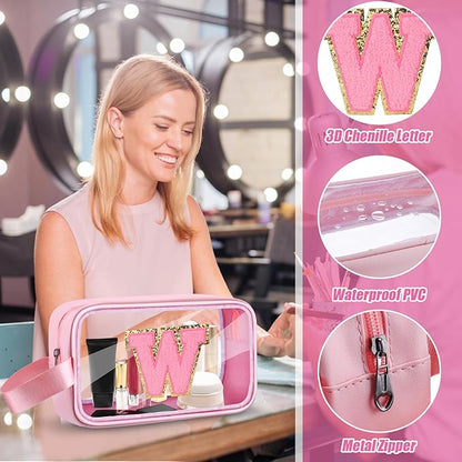 Initial Makeup Bag,Letter W Cute Clear Monogrammed Cosmetic Travel Bag for Womens Girls,Personalized Pink Aesthetic Traveling Make Up Organizer Bag for Beach,Waterproof Toiletry Bag
