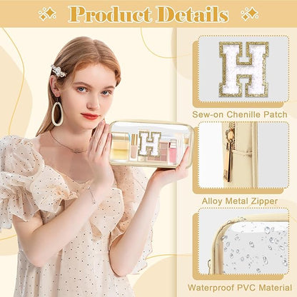 Personalized Initial Letter Clear Makeup Bag,Preppy Small Nylon&PVC Cosmetic Zipper Bag with Chenille Letter,Portable Beach Travel Skincare Toiletry Bag,Trendy Monogram Gift for Teen Girls Women,H