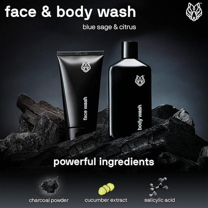 Black Wolf Charcoal Powder Face and Body Wash Bundle for Oily Skin, Deep Clean- 2pc Bundle- Charcoal Powder and Salicylic Acid Reduce Acne Breakouts and Cleanse Your Skin- Gift Set for Men