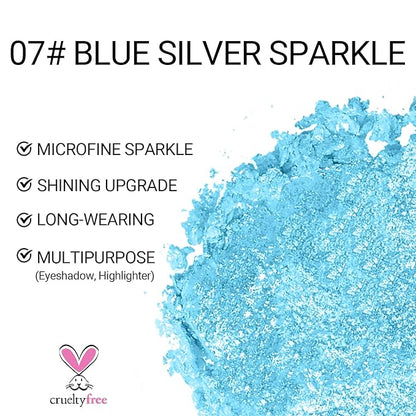 Erinde Glitter Shimmer Sparkle Eyeshadow Palette, Blue Glitter Sparkle Eye Shadow Makeup, Single Monochrome Long-Lasting Eye Makeup, Smooth Formula, Vegan & Cruelty-Free, C07 Blue Silver Sparkle