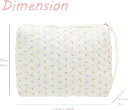 PAZIMIIK Quilted Makeup Bag Large Travel Zipper Soft Cosmetic Pouch for Women Girls Make Up,Little Flower White