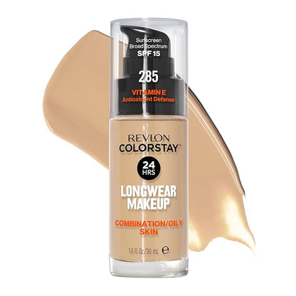 Revlon Liquid Foundation, ColorStay Face Makeup for Combination & Oily Skin, SPF 15, Medium-Full Coverage with Matte Finish, 285 Shell, 1 Fl Oz