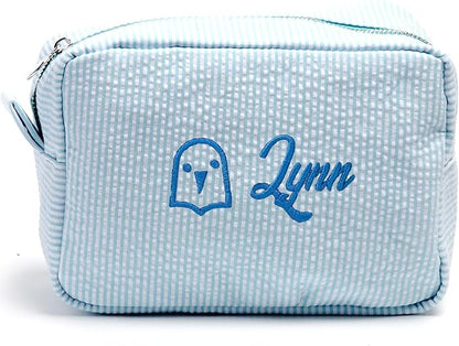 Custom Makeup Bag Personalized Cosmetic Bag Cute Seersucker Travel Toiletry Bag for Women Embroidered Bag Organizer for Bride Makeup Bag Gift Turquoise