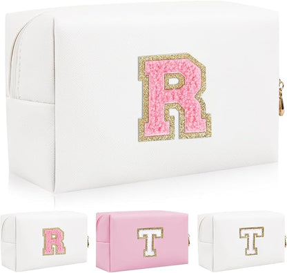 Iqimott Personalized Initial Letter Patch Makeup Bag, Preppy Portable Chenille Letter Cosmetic Bag with Zipper, PU Leather Waterproof Travel Toiletry Bag Monogram Make Up Pouch Girls(Letter R)