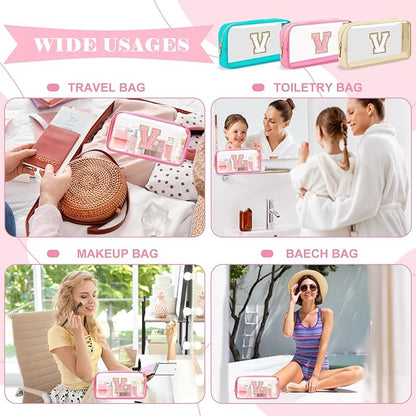 Personalized Initial Letter Clear Makeup Bag,Preppy Small Nylon&PVC Cosmetic Zipper Bag with Chenille Letter,Portable Beach Travel Skincare Toiletry Bag,Trendy Monogram Gift for Teen Girls Women,V