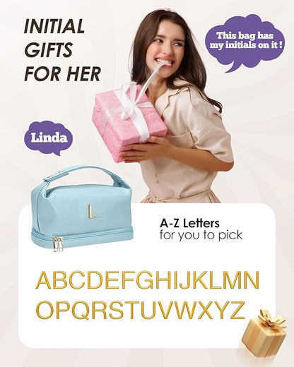 Teenage Girls Gifts Ideas, Personalized Makeup Bag with Handle, Initial Double Layer Cosmetic Bag with Makeup Brush Organizer, Gifts for Girls Teen Girls -10 11 12 13 14 15 16 17 18 Year Old