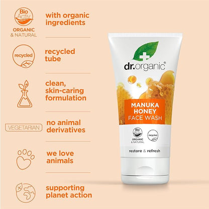 Dr. Organic Manuka Honey Face Wash | Gentle, Soothing, Cleansing, For Dry and Sensitive Skin, Certified Organic, Paraben & SLS-Free, Natural, 150 mL / 5 fl oz
