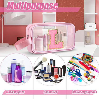 Initial Makeup Bag,Letter L Cute Clear Monogrammed Cosmetic Travel Bag for Womens Girls,Personalized Pink Aesthetic Traveling Make Up Organizer Bag for Beach,Waterproof Toiletry Bag