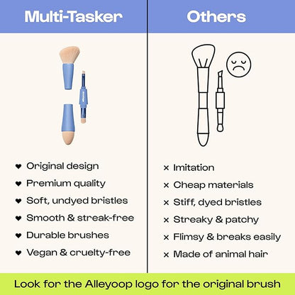 Alleyoop Multi-Tasker 4-in-1 Travel Makeup Brush Set – Compact Makeup Brushes with Blending Sponge, Eyeshadow, Eyebrow & Liner, Blush & Bronzer Brush – Mini Makeup Tools Kit for Women, Vegan
