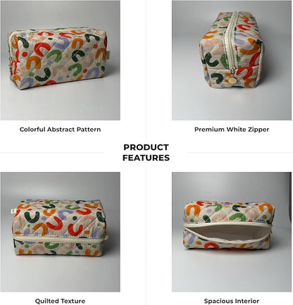 Floral Cotton Makeup Brush Cosmetic Bag for Women, Travel Quilted Zipper Pouch, Large Capacity Flowers Toiletry Organizer, Kawaii Makeup Storage Case, Cosmetic Travel Cloth Bag-Colorful