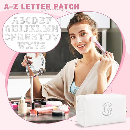 Bride Gifts – Personalized Initial Makeup Bag with Pearl Rhinestone Patch, Preppy White Monogram Cosmetic/Toiletry Pouch, bridesmaid Gifts, Bridal Shower Gifts, Wedding Gifts, Bridal Gifts,G