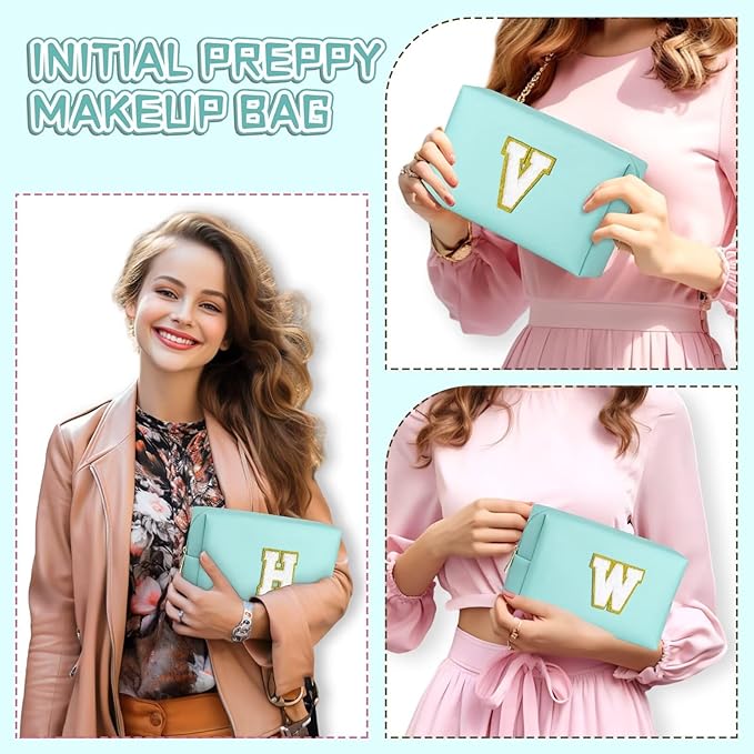 TOPEAST Initial Makeup Bag for Travel, Chenille Letter Pouch Cosmetic Bag, PU Leather Waterproof Toiletry Bag, Personalized Gifts for Bride Bridesmaids, Cute Things for Girls (Blue Q)