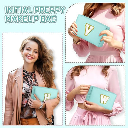 TOPEAST Initial Makeup Bags for Women, Personalized Portable Cosmetic Bag for Travel, Cute Makeup Pouch, PU Leather Waterproof Toiletry Bag, Preppy Things for Girl (Blue V)