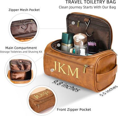 Personalized Toiletry Bag for Men, Engraved Name Initials Toiletry Bag, Customized Monogram Travel Shaving Dopp Kit for Groomsmen, Gift for Christmas, Birthday, Dad, Husband, Grandpa (Light Brown)