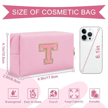 Personalized Initial A-Z Preppy Patch Makeup Bag,Small PU Leather Chenille Letter Cosmetic Bag with Zipper for Teen Girls,Pink Cute Travel Toiletry Bag,Birthday Monogrammed Gift for Daughter,Letter T