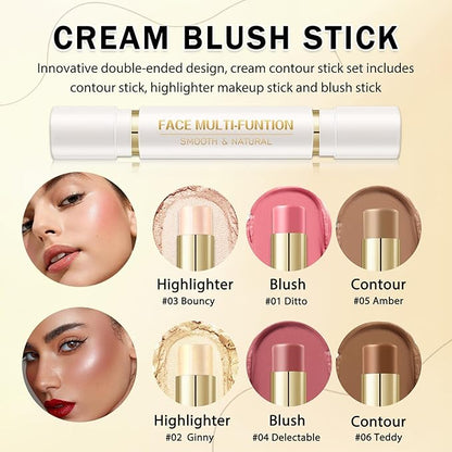 6 Colors Cream Contour Stick Makeup Kit, Double-ended Cream Highlighter Stick Bronzer and Blush Stick for Sculpt the Cheeks, Matte & Dewy Finish, Face Contour Kit for Beginners, Set A