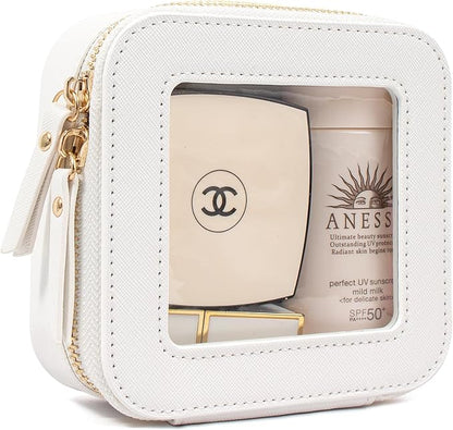 KOTORA Small Makeup Bag for Purse Cute Travel Makeup Bag Clear Cosmetic Bag with Zipper, Car Make Up Bag Organizer Storage Traveling Car Accessories Travel Essentials for Women (Mini White)