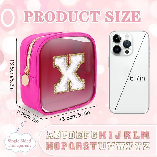 Mini Clear Personalized Initial Makeup Bag, Small Preppy A-Z Chenille Letter Patch Cosmetic Pouch, Transparent PVC & Nylon Waterproof Zip Beach Toiletry Bag,Gift for Women Girls(Hot Pink-White X)