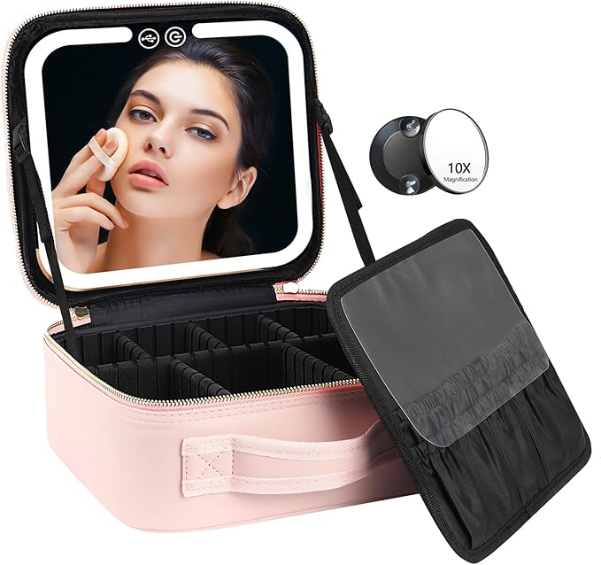 Travel Makeup Bag with LED Lighted Make up Case with Mirror 3 Color Setting Cosmetic Makeup Box Organizer Vanity Case for Women Beauty Tools Accessories Case Rechargeable