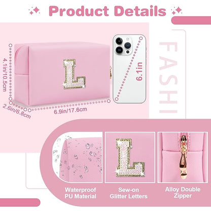 Small Personalized Initial A-Z Patch Makeup Bag,Pink Cute PU Leather Glitter Letter Cosmetic Bag for Teen Girls,Travel Toiletry Bag with Zipper,Preppy Monogrammed Birthday Gift for Daughter Niece L