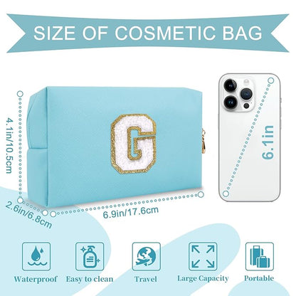 Small Personalized Initial A-Z Preppy Patch Makeup Bag,PU Chenille Letter Travel Cosmetic Pouch with Zipper,Blue Cute Toiletry Bag,Gift Ideal for Teen Girls Women Teacher Bridesmaid,Letter G