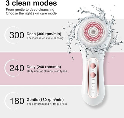 Face Scrubber Exfoliator, Rechargeable Facial Cleansing Brush with 2-Way Rotation & 3 Modes, 30-Day Runtime, 5 Brush Heads for SPA-Level Care, IPX7 Waterproof, Deep Cleaning for All Skin Types