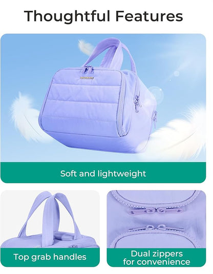 BAGSMART Travel Toiletry Bag, Lightweight Large Wide-open Travel Bag for Women, Puffy Cosmetic Makeup Bag Organizer with Handle for Accessories,Essentials, Toiletries, Purple