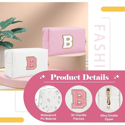 Personalized Makeup Bag Initial A-Z Preppy Patch Bag,Small PU Leather Travel Cosmetic Bag Pouch with Zipper,White Cute Toiletry Bag,Gift Ideal for Teen Girls Women Birthday Friend Mom,Letter B