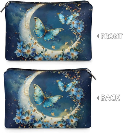 COEQINE Travel Makeup Bag for Women Large Leather Cosmetic Bag with Moon And Butterfly Gothic Makeup Case for Ladies Wallet Handbag