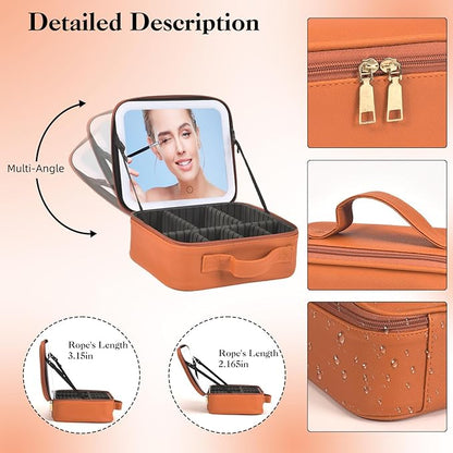 Travel Makeup Bag With LED Mirror,Cosmetic Train Case with 3 Color Setting,Cosmetic Makeup Organizer Bag with Adjustable Dividers,Portable Make up Box with Make up Brushes Holder Storage（Caramel）