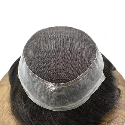FACE MIRACLE Toupee for Men French Lace Hairpiece Human Hair Replacement System Skin PU Mens Toupee V-Looped Front Hair Piece 6"X8" #1B Off Black-120% medium light to medium density