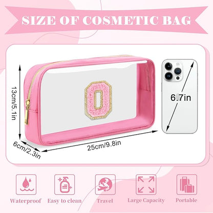 Personalized Initial Letter Clear Makeup Bag,Preppy Small Nylon&PVC Cosmetic Zipper Bag with Chenille Letter,Portable Beach Travel Skincare Toiletry Bag,Trendy Monogram Gift for Teen Girls Women,O