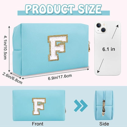 Personalized Small Initial Preppy Makeup Bag, Blue Cute Cosmetic Organizer Chenille Letter Travel Toiletry Zipper Pouch, Portable Waterproof Makeup Case Friendship Gifts for Families Friends(Letter F)