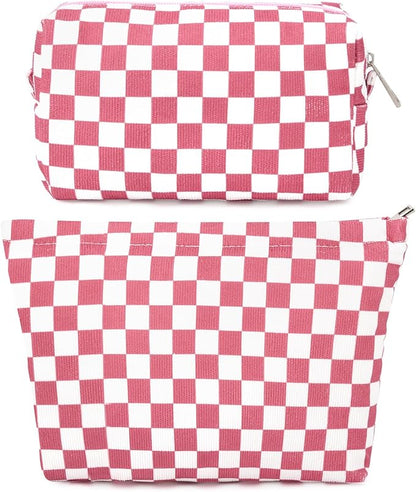 SOIDRAM 2 Pcs Checkered Makeup Bag Large Cosmetic Bag Toiletry Bag Makeup Pouch Travel Bag Organizer Cute Makeup Brushes Aesthetic Accessories Storage Bag for Women Peach Pink