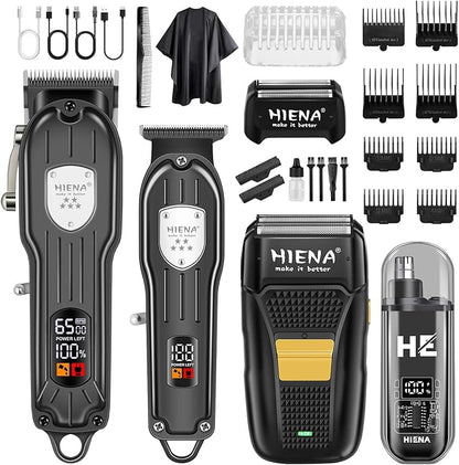 HIENA PRO Professional Hair Clipper Kit, Rechargeable Cordless Barber Kit and Hair Cutting Set, Electric Foil Shavers and Beard Trimmers, Ear, Nose Hair Trimmer Set & Facial Grooming Tool (Black)