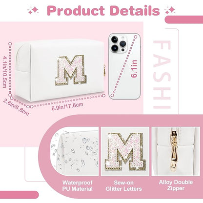 Small Initial Patch Makeup Bag Personalized Gifts Make Up Bag,White Cute PU Leather Glitter Letter Cosmetic Bag with Zipper,Trendy Portable Travel Toiletry Pouch,Preppy Stuff for Teen Girls Women M