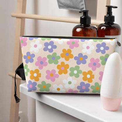 Cute Flowers Floral Small Makeup Bag for Women - Leather Travel Cosmetic Bag Make Up Pouch Mini Travel Zipper Pouch - Makeup Organizer Bag
