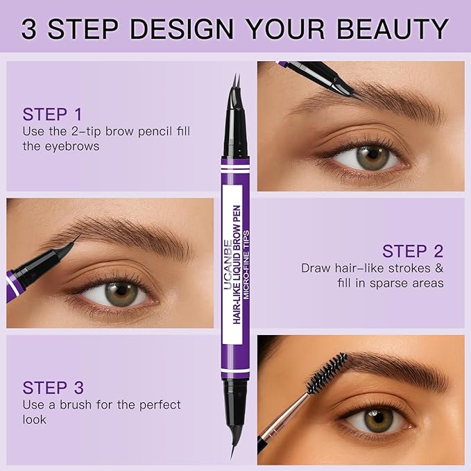 UCANBE Curved Eyebrow Pencils for Women with Spoolie Brush,Dual-Ended Eyebrow Pen with 2-Fork-Tip&Precise Brush-Tip,Microblading Brow Pen for Hair-Like Brows,Waterfool, Long Lasting,Black Brown
