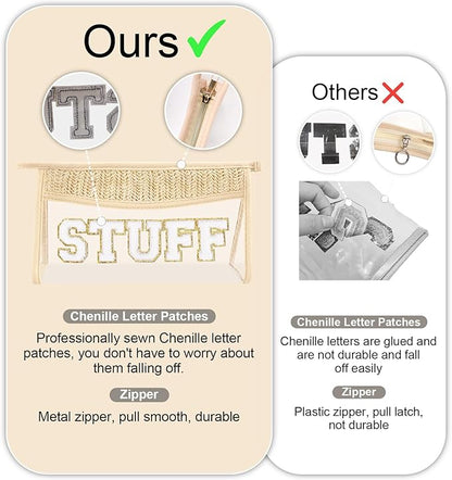 Small Boho Straw Clear Bride Makeup Bags for Women&Girls, Zipper Cosmetic Bag Chenille Varsity Letter Patch Bag, Preppy Cute Toiletry Pouch, Trendy Organizer Storage Bag for Beach Travel Essentials