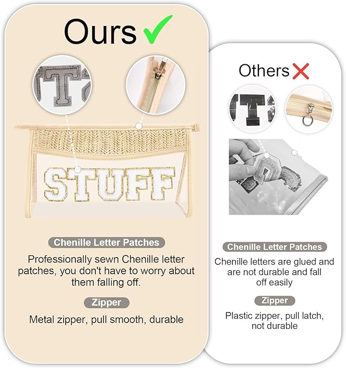 Small Boho Straw Clear Hair Makeup Bags for Women&Girls, Zipper Cosmetic Bag Chenille Varsity Letter Patch Bag, Preppy Cute Toiletry Pouch, Trendy Organizer Storage Bag for Beach Travel Essentials