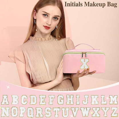 for Christmas Day Gifts, Makeup Bag for Women, PU Leather Travel Toiletry Bags, Initial Make Up Cosmetic Pouch for Teen Girls, Wide Open Portable Skincare Bag, Personalized Birthday Gifts, Pink D