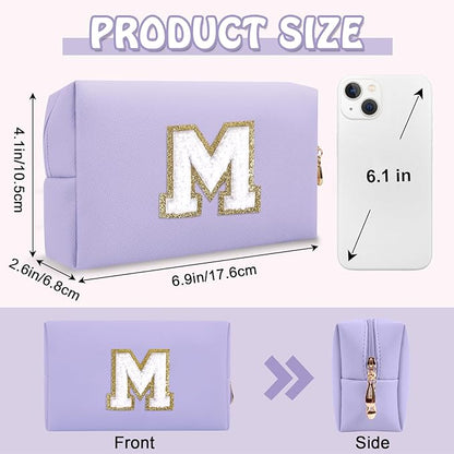 Small Travel Initial Preppy Makeup Bag, Personalized Cute Purple Chenille Letter Cosmetic Organizer Travel Toiltery Zipper Pouch, Waterproof PU Make Up Case Storage Mothers Day Gifts for Mom(Letter M)
