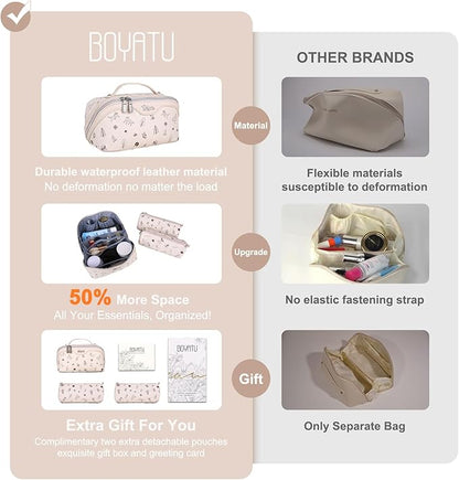 BOYATU Travel Makeup Bag Cosmetic Bags for Women: 3 Pcs Set Portable Make up Bag with Handle - Vegan Leather Toiletry Bags with Compartments - Makeup Organizer for Travel Essentials(L-4-White)
