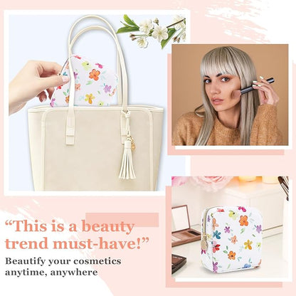 Nylon Mini Floral Makeup Bag for Purse, Small Cute Makeup Bag Preppy Flower Cosmetic Zipper Pouch, Waterproof Travel Set Coin Pouch Sanitary Napkin Storage Bag Makeup Organizer for Women(White-Flower)