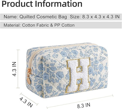 Gleyemor Personalized Initial Makeup Bag for Women, Cute Quilted Blue Floral Cotton Cosmetic Bag, Christmas Gifts for Her Mom Friend Sister Bridesmaid Teacher Women H