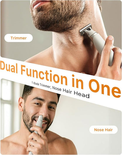 New 2 in 1 Body & Nose Hair Trimmer - Electric Beard Razor for Men, All-in-One Groomer with Magnetic Nose Hair Head, Waterproof Wet/Dry Use, Groin/Ball Shaver, USB-C Fast Charging,White(Solo)
