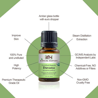 Davana Essential Oil USDA Certified Organic 100% Pure Premium Therapeutic Grade, Undiluted - Aromatherapy Diffuser for Calm and Relaxation, Skin Care, Hair Care
