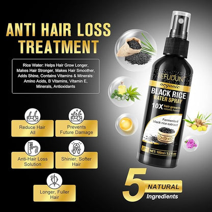 (3Pc) Organic Black Rice Water Spray for Hair Growth, A Solution with Castor Oil & Ginger Root Extract for Thicker, Fuller Hair, Targets Hair Loss and Repairs Damage 300ml/9.6 fl.oz