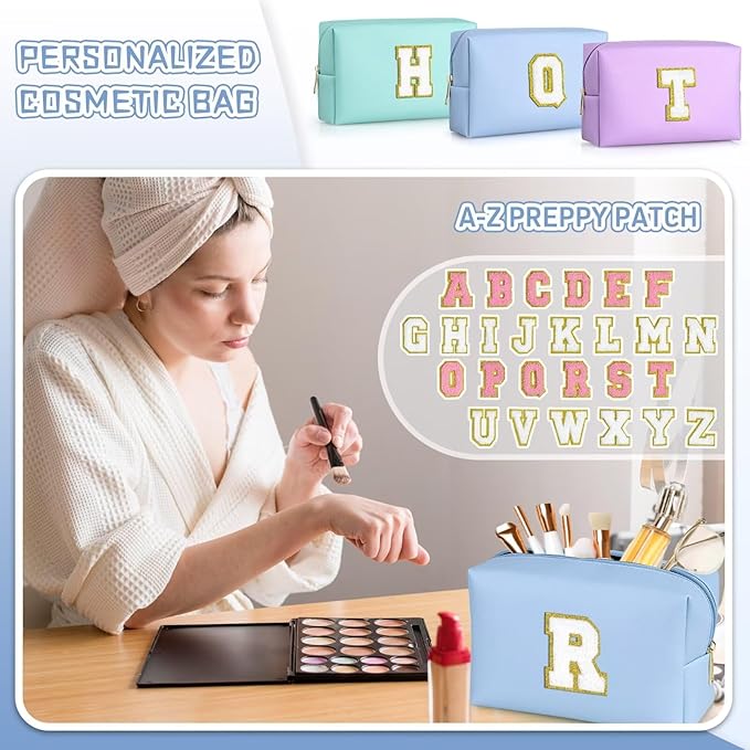 TOPEAST Preppy Patch Makeup Bag, Chenille Letter Pouch Cosmetic Bag, PU Leather Waterproof Toiletry Bag, Personalized Birthday Gift for Women Girl, Cute Stuff for Girls (Sky Blue B)