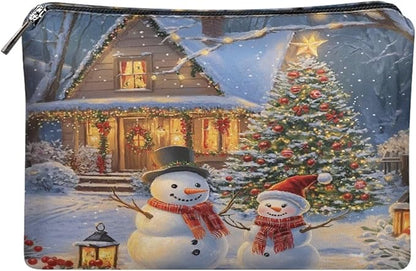 COEQINE Small Make Up Bags for Purses Cute Snowman Christmas Treee Cute Cosmetic Bag for Women Leather Aesthetic Toiletry Bag Waterproof Travel Make Up Organizer Bag